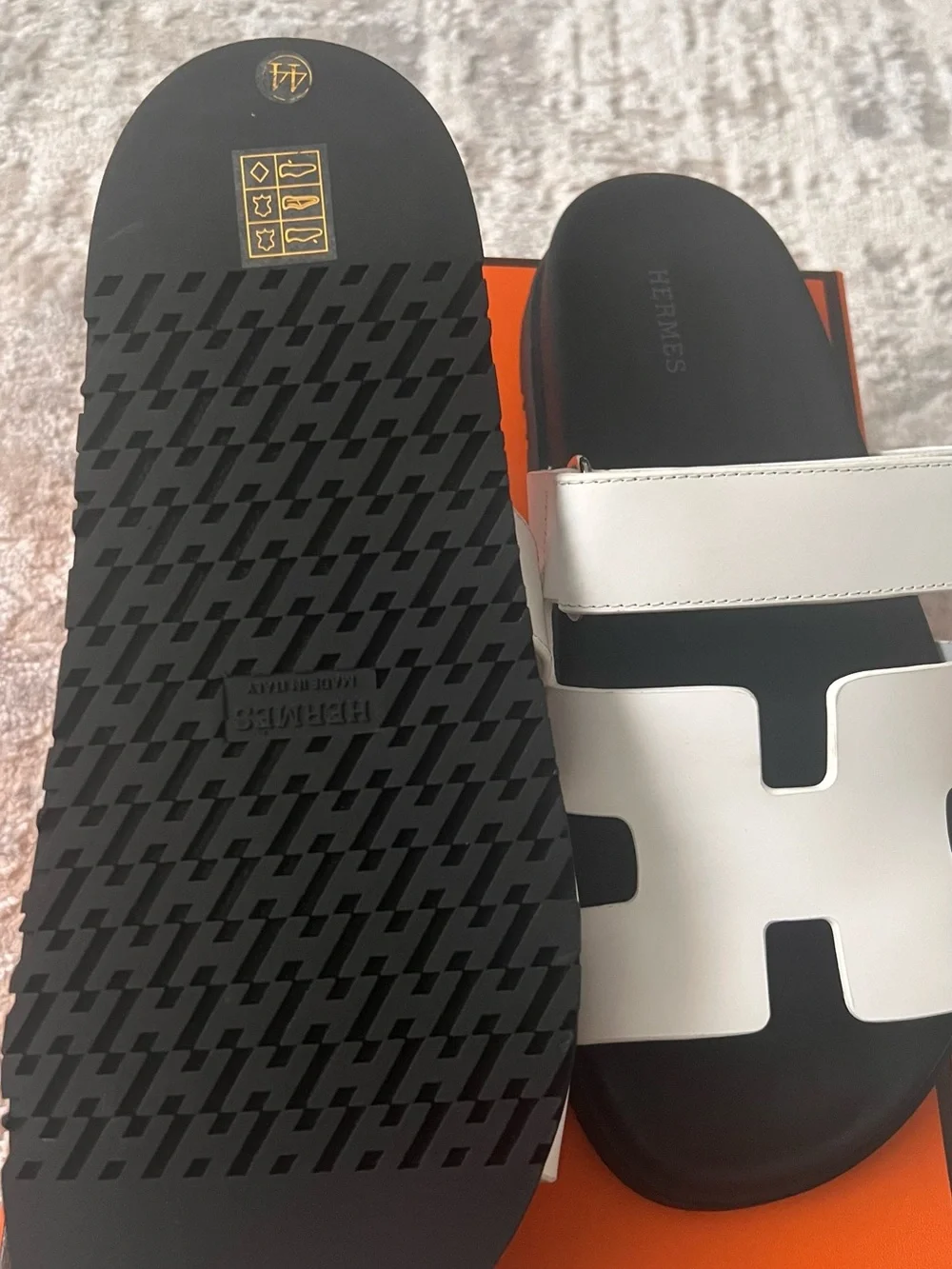 Hermes White and Black Chypre Leather Slide Sandals